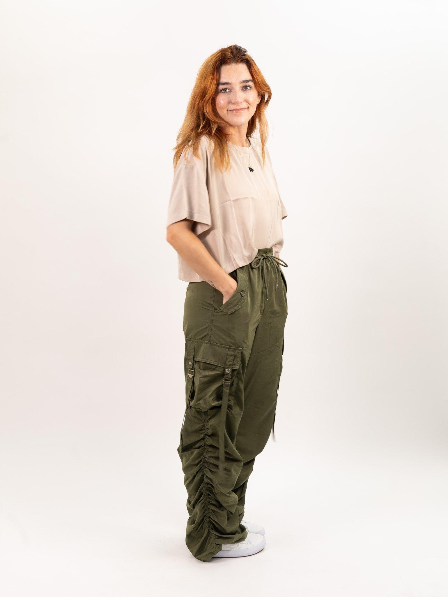 Moon River Wide Leg Ruched Bungee Cargo Pants - Olive Product Image