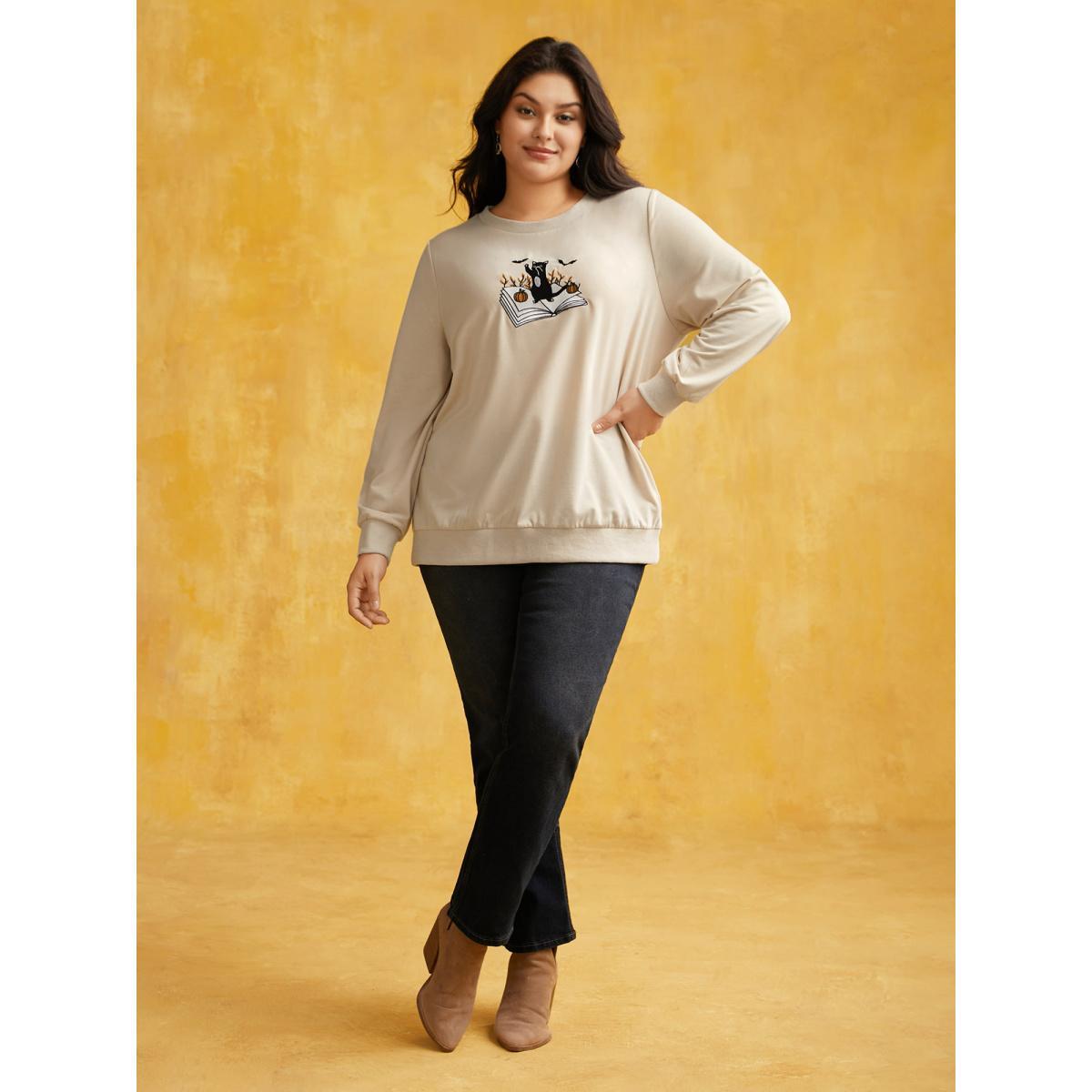 Plus Size Cat-in-the-book Embroidered Sweatshirt Women Apricot Casual Patchwork Loose Round Neck Everyday Sweatshirts BloomChic 26/4X Product Image
