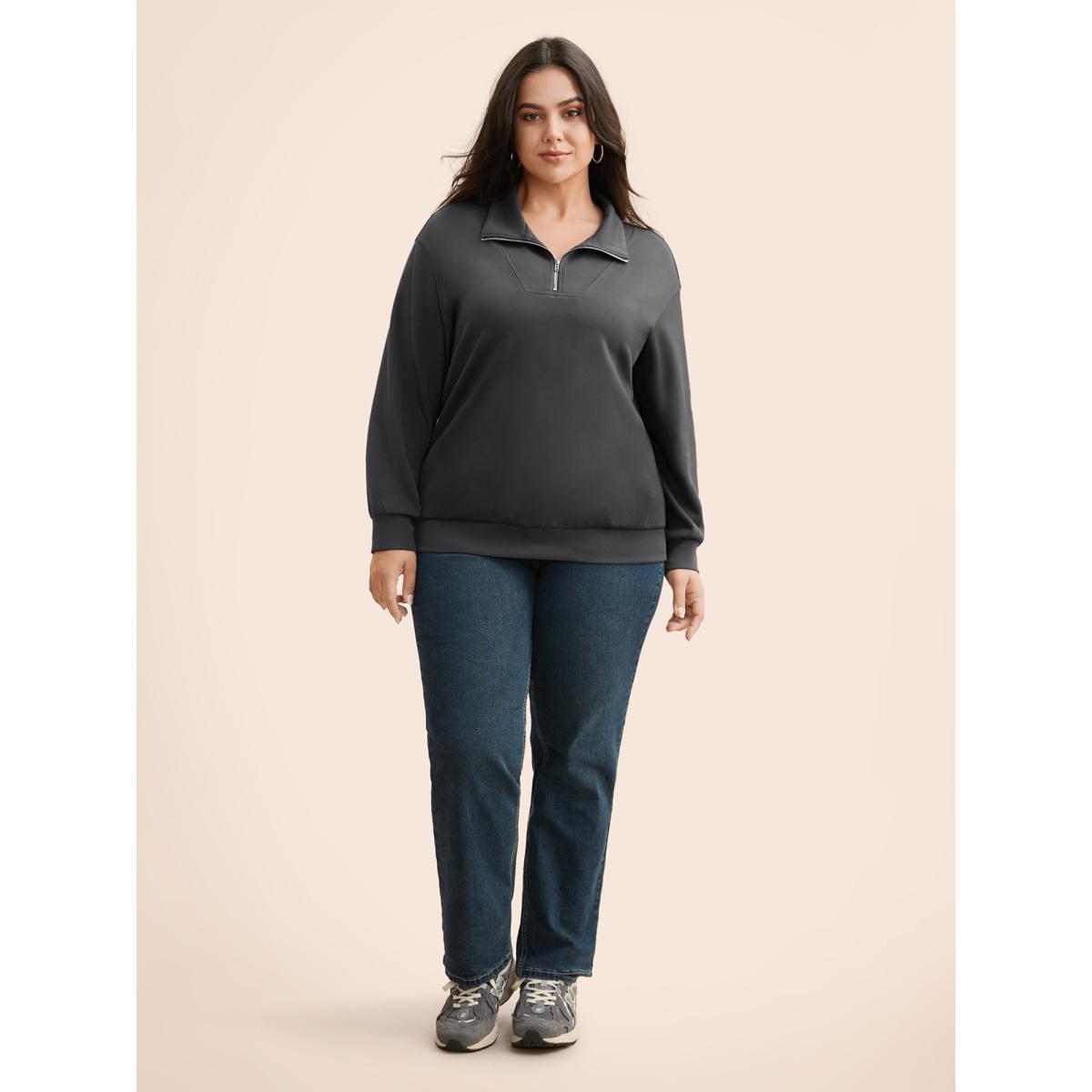 Plus Size Supersoft Essentials Solid Half Zip Sweatshirt Women DimGray Casual Non Lapel Collar Everyday Sweatshirts BloomChic 26/4X Product Image