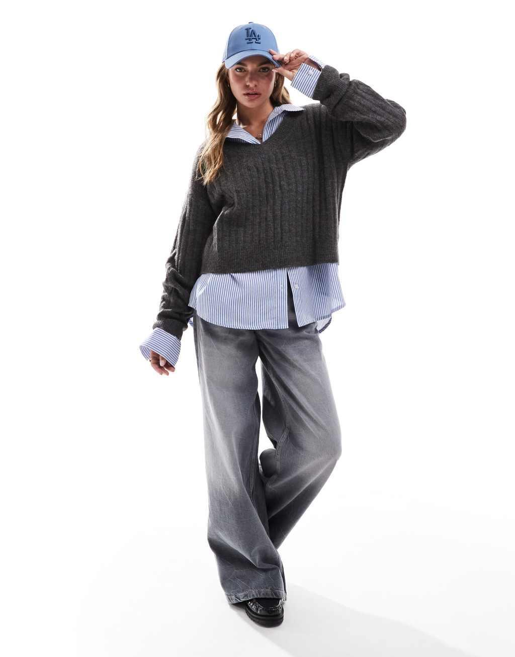 ASOS DESIGN v neck sweater in rib in charcoal Product Image