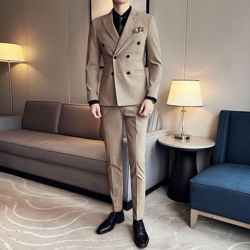 Set: Peak Lapel Striped Double-Breasted Blazer + Mid Rise Cropped Straight Leg Dress Pants + V-Neck Vest Product Image