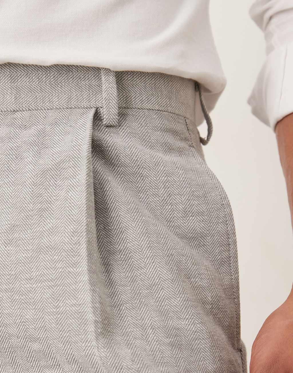 ASOS DESIGN linen cotton blend slim suit pants in gray herringbone Product Image