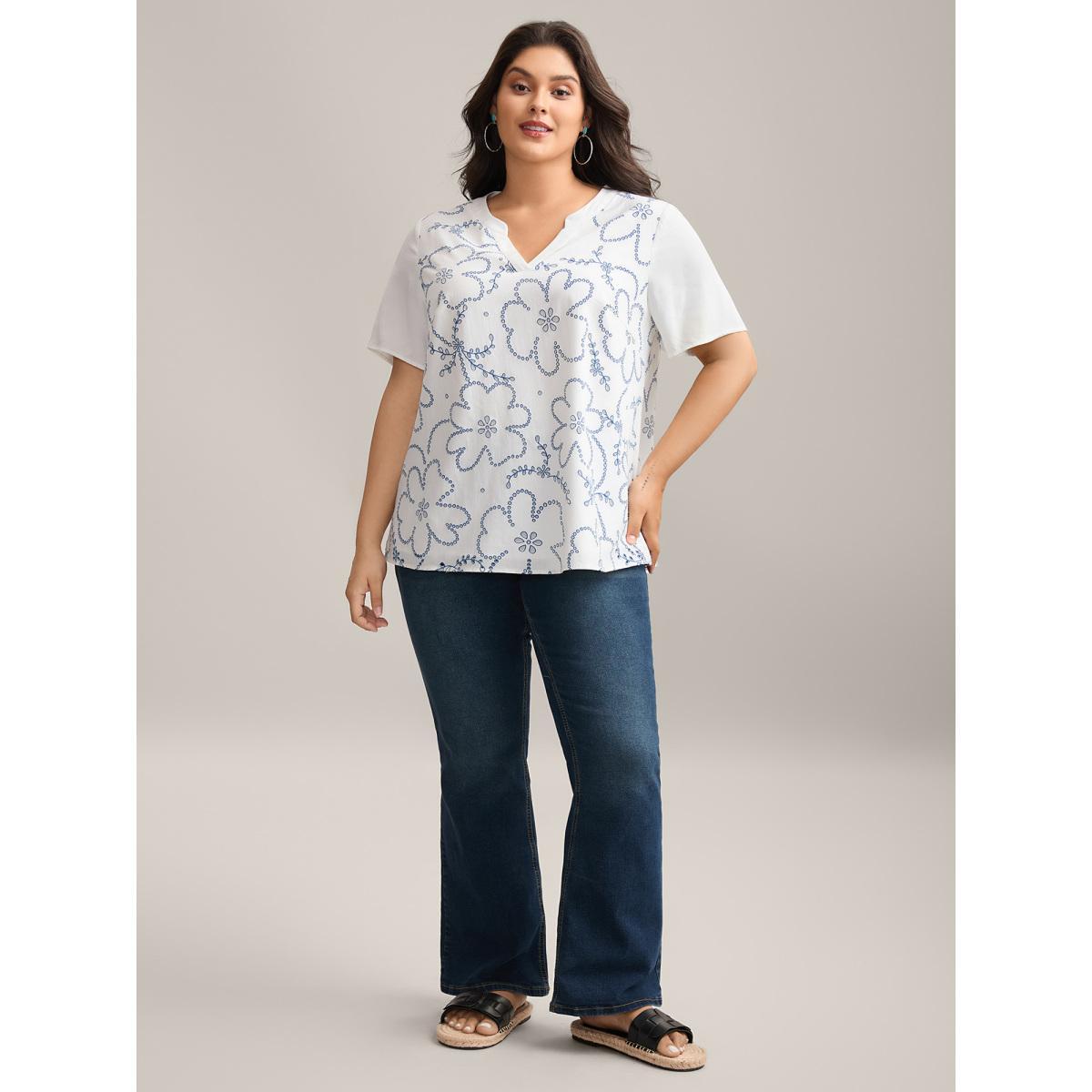 Plus Size WhiteSmoke Large Floral Print Split Neck Blouse Women Short sleeve Flat collar with V-notch Vacation Blouses BloomChic 10/M Product Image