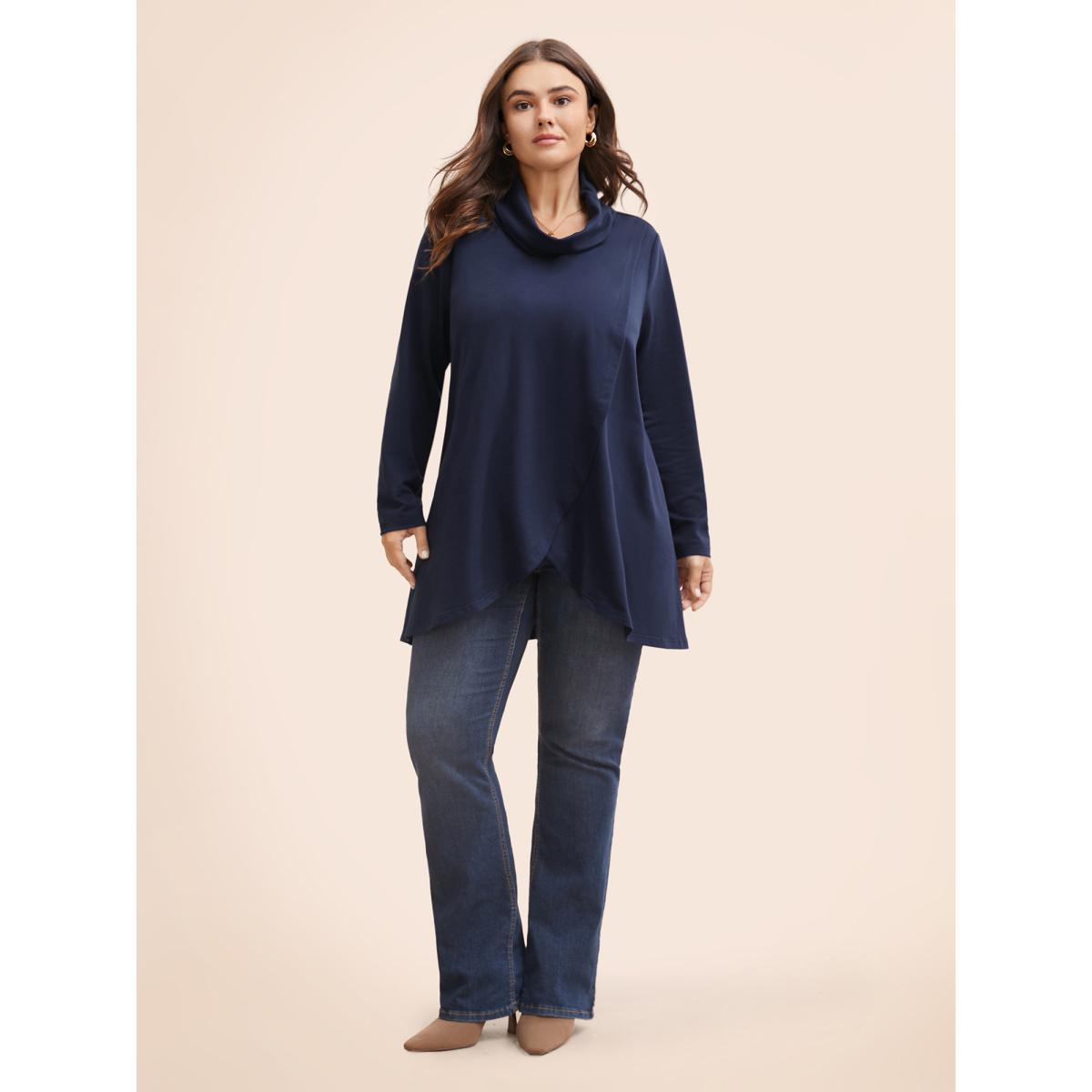 Plus Size Plain Wrap Hem Turtleneck Sweatshirt Women Cyan Elegant Wrap Turtleneck Dailywear Sweatshirts BloomChic 22-24/3X Product Image
