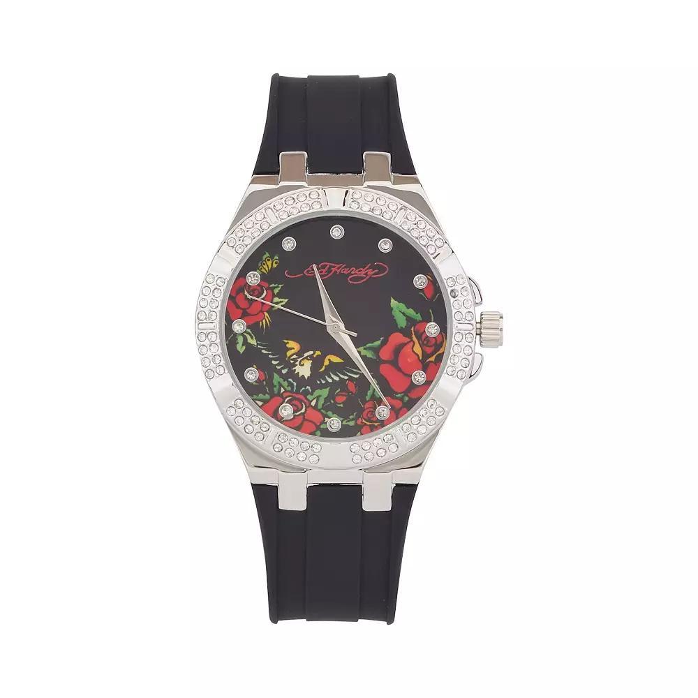 Ed Hardy Womens Crystal Accent Rose Dial Black Silicone Strap Watch Product Image