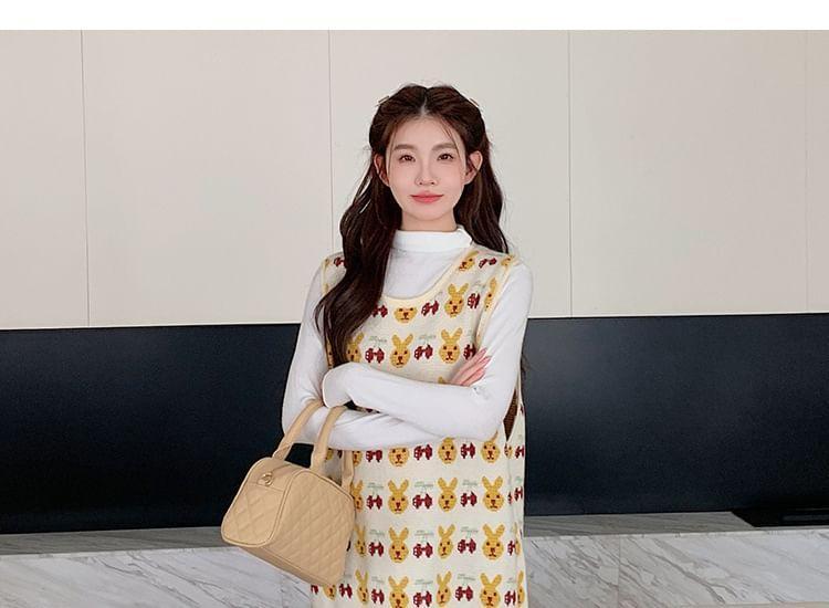 Sleeveless Crew Neck Rabbit Print Slit Knit Midi Overall Dress Product Image