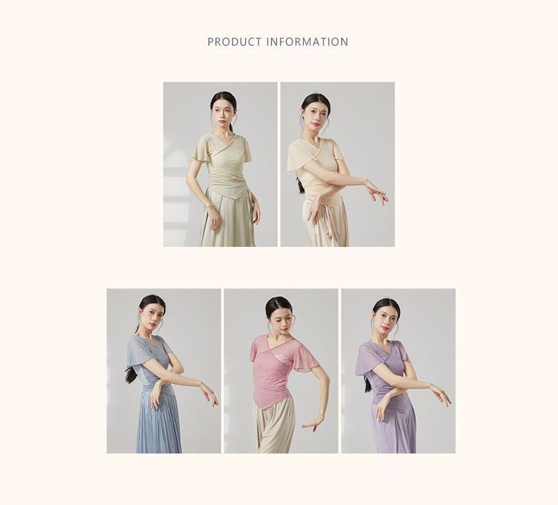Short-Sleeve V-Neck Plain Asymmetrical Mesh Dance Top Product Image