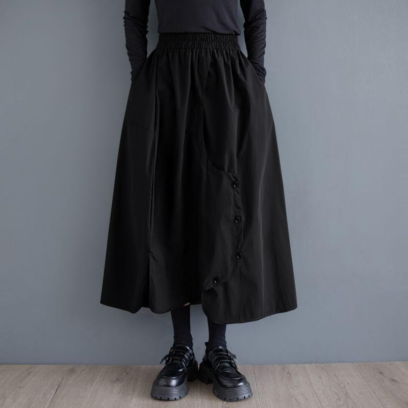Elastic Waist Plain Asymmetrical Buttoned Slit Midi A-Line Skirt Product Image