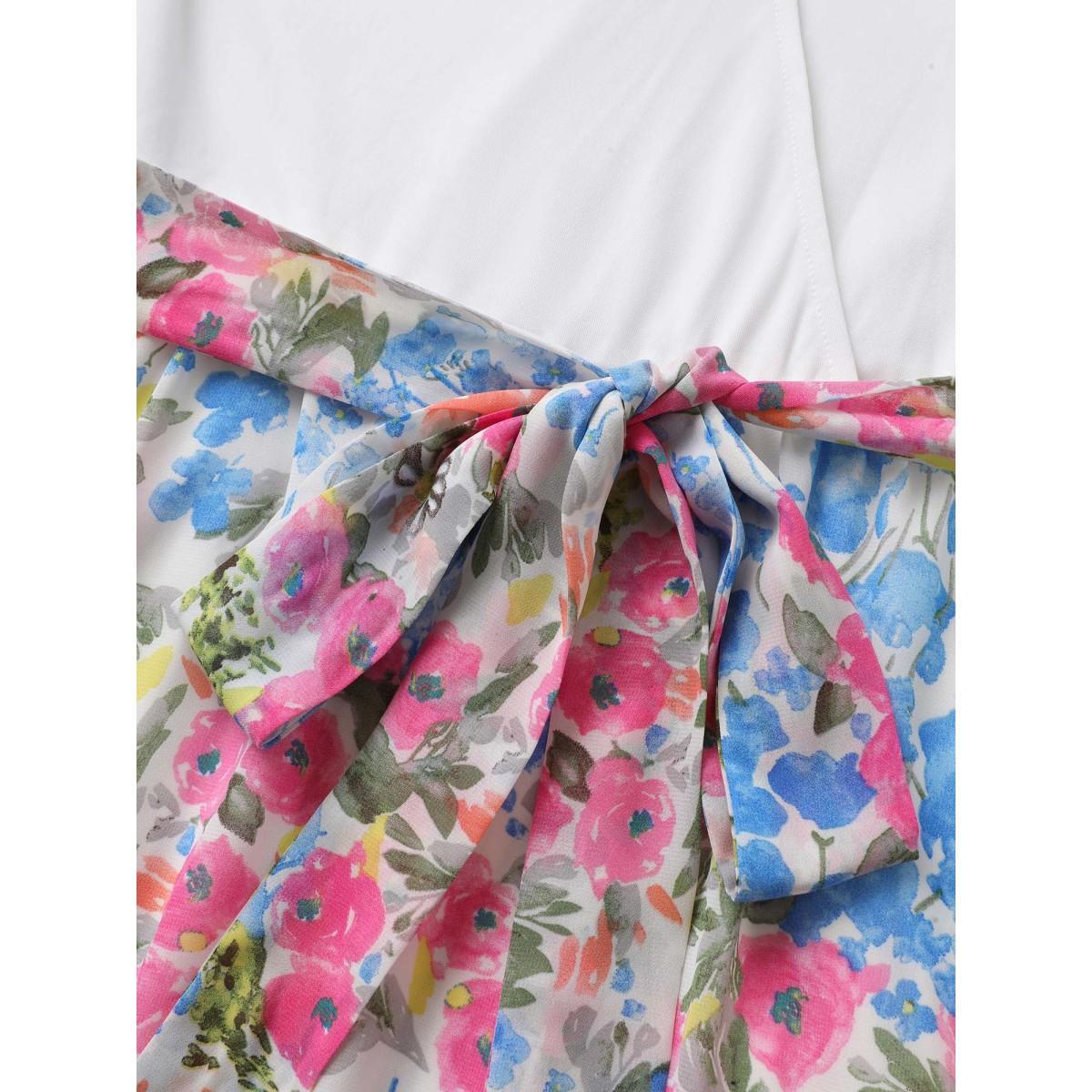 Plus Size Overlap Collar Patchwork Floral Midi Dress Ivory Women Elegant Belted Overlap Collar Short sleeve Curvy BloomChic 22-24/3X Product Image