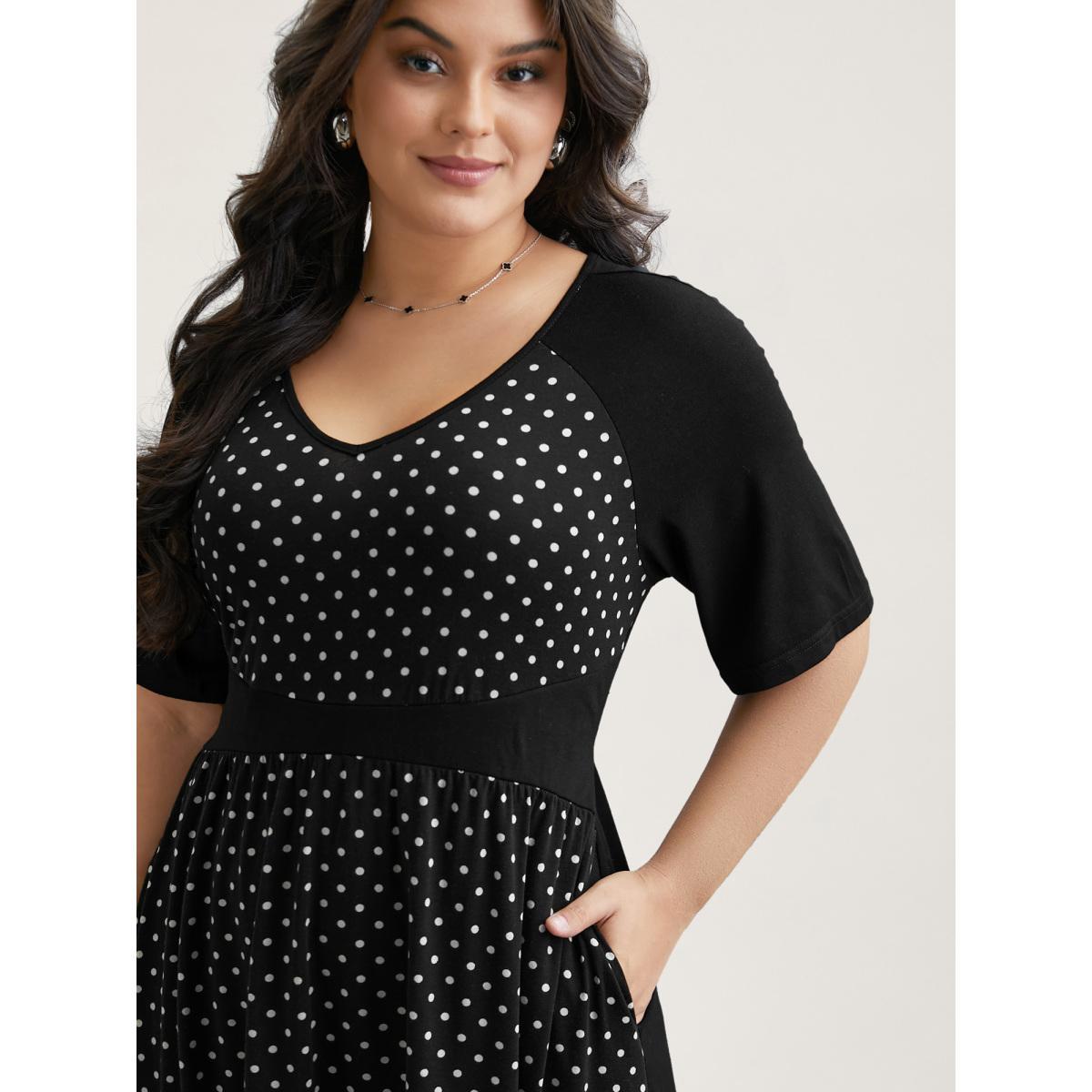 Plus Size Supersoft Polka Dot Waist-Cinched Midi Dress BlackFlower Women At the Office Patchwork Knit Dresses Bloomchic 14-16/1X Product Image