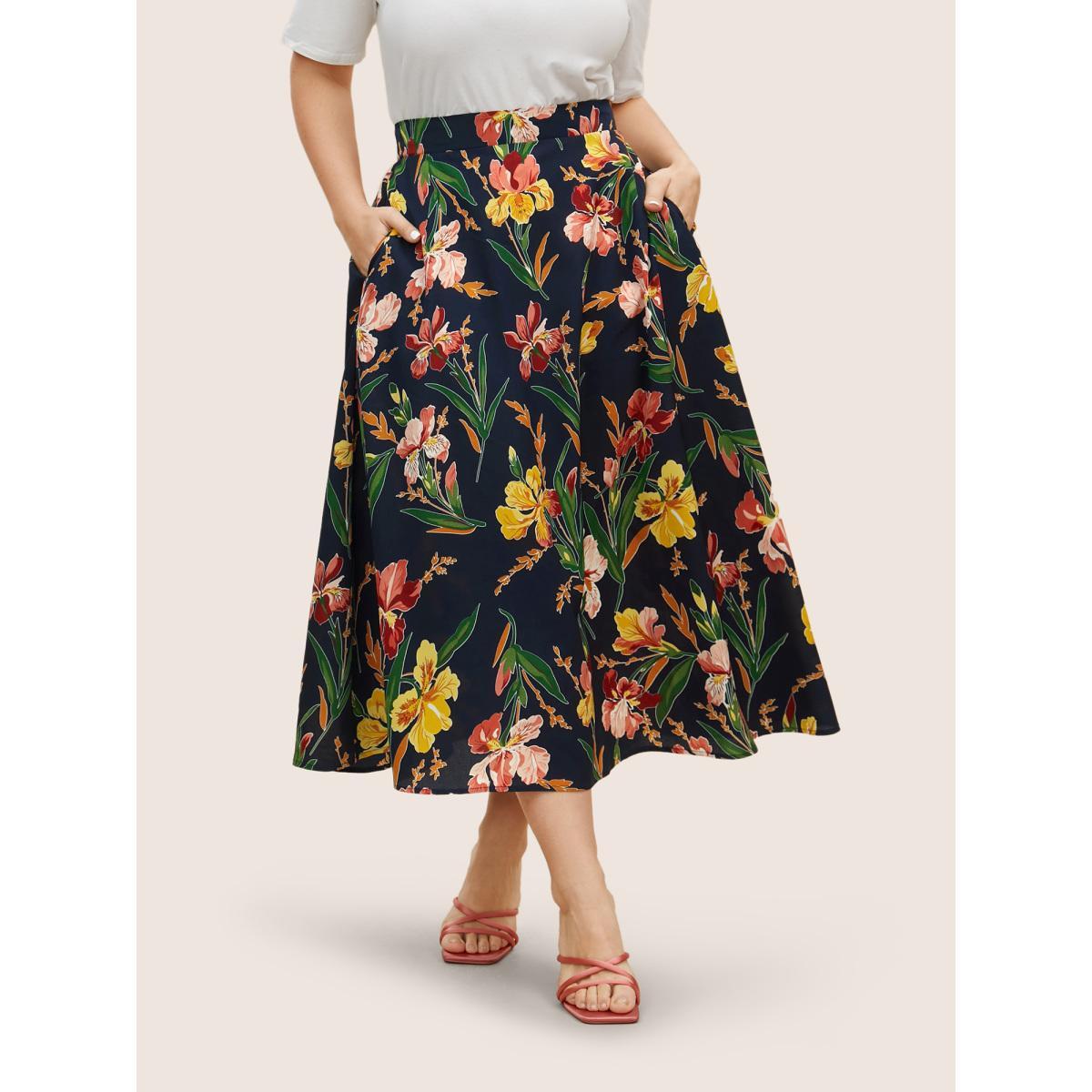 Plus Size Floral Print Side Seam Pocket Skirt Women Indigo Elegant No stretch Side seam pocket Everyday Skirts BloomChic 28/5X Product Image
