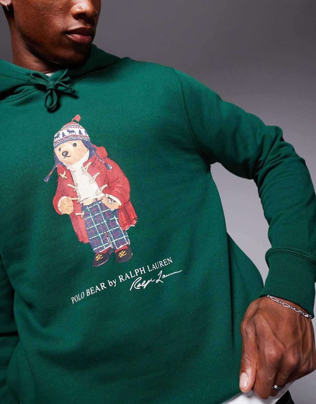 Polo Ralph Lauren holiday bear print fleece hoodie in dark green Product Image