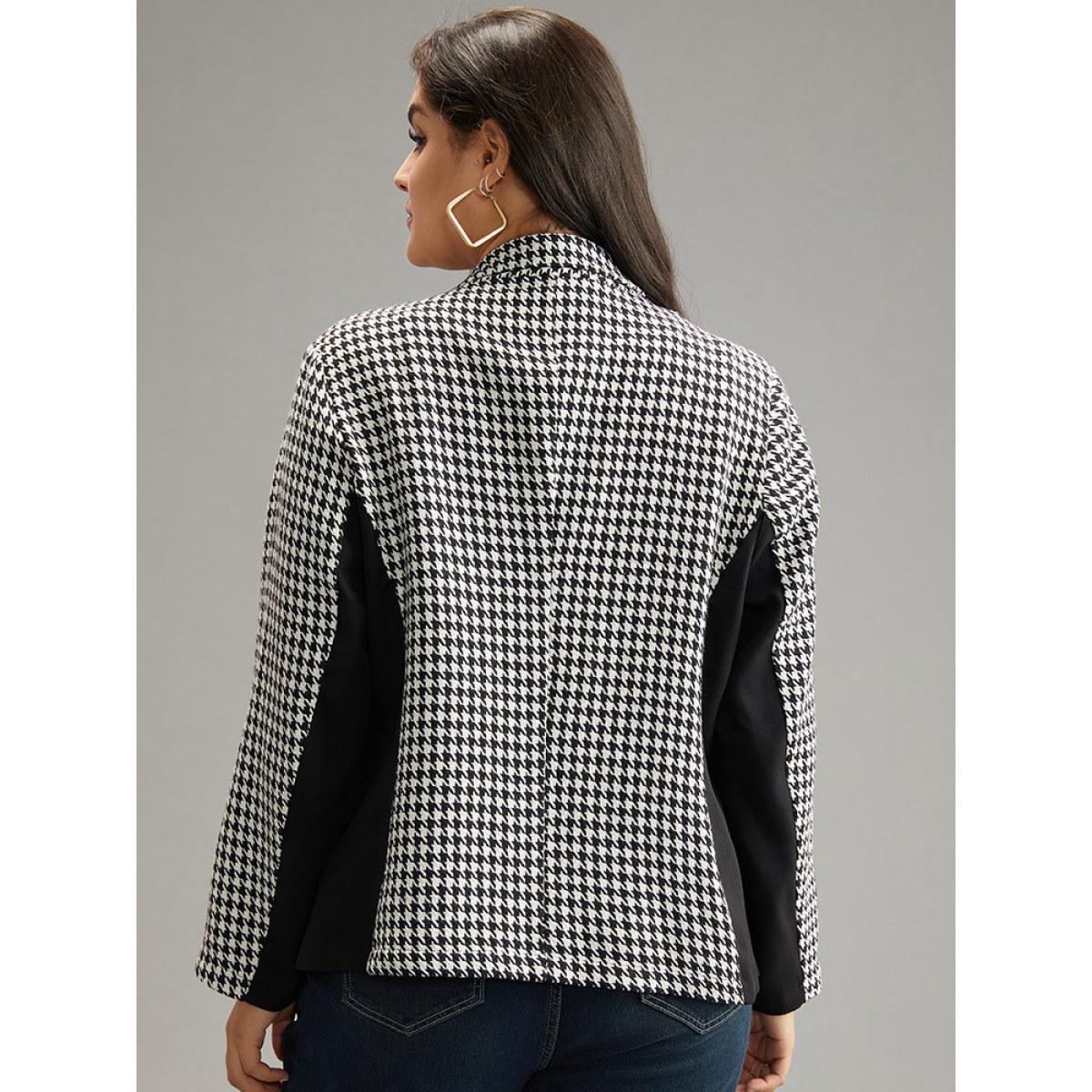Plus Size Houndstooth Patchwork Button Up Pocket Blazer Black Women Work Houndstooth Contrast Sleeve Long Sleeve Suit Collar 26/4X Pocket At the Office Blazers BloomChic Product Image