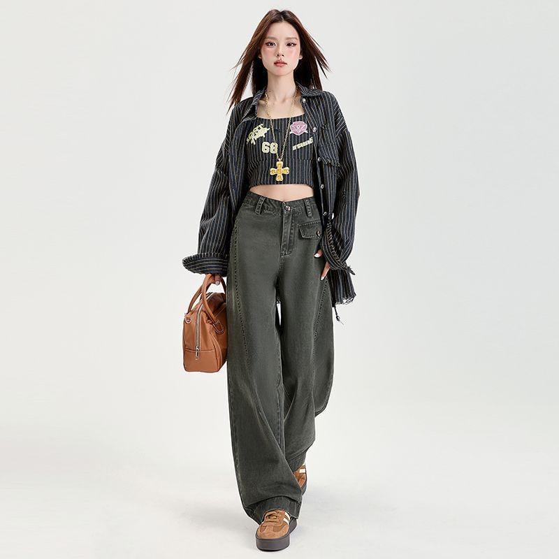High Waist Washed Wide Leg Jeans (Various Designs) Product Image
