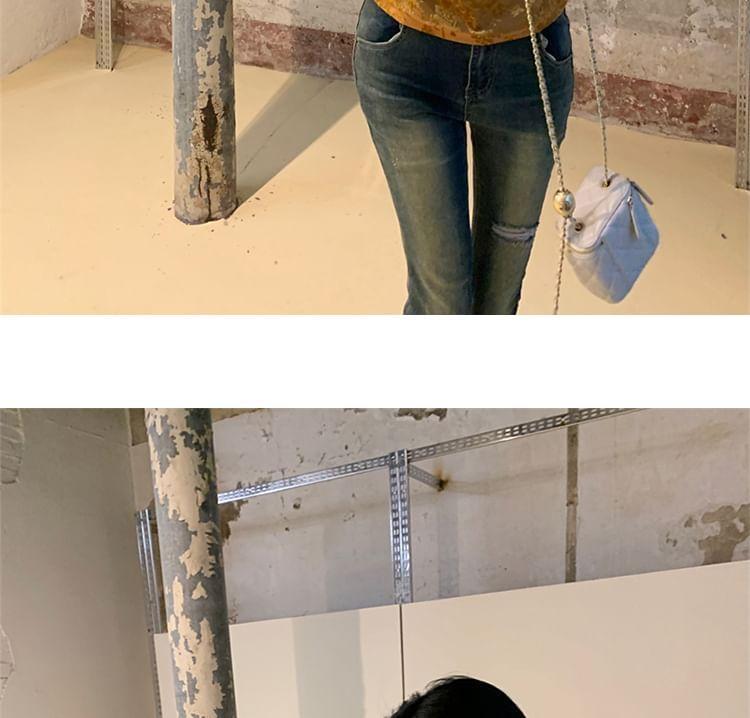Long-Sleeve V-Neck Jacquard Ruched Slim Fit Crop Top Product Image
