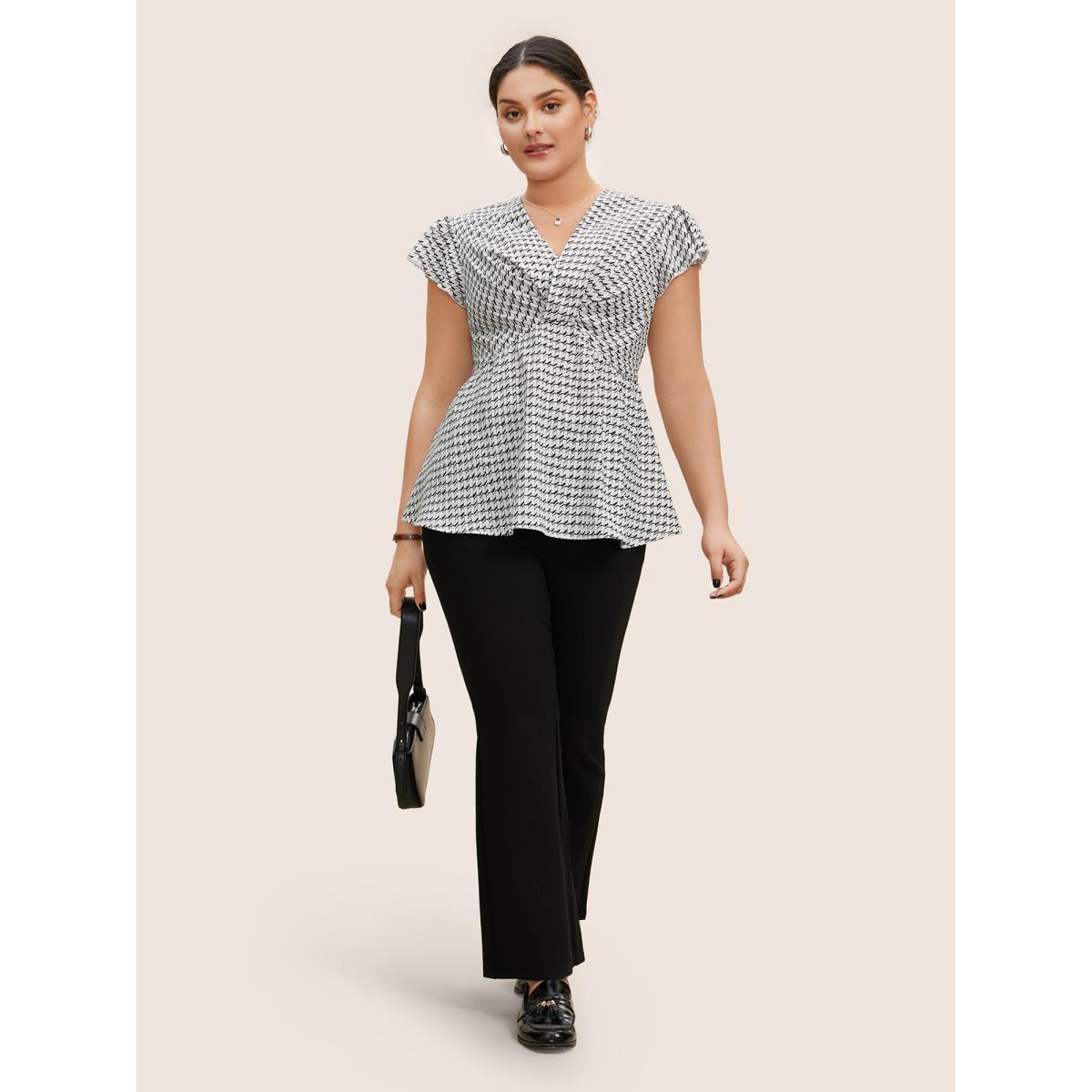 Plus Size Ivory Geometric Wrap Flutter Cap Sleeve Blouse Women At the Office Cap Sleeve V-neck Work Blouses BloomChic 22-24/3X Product Image