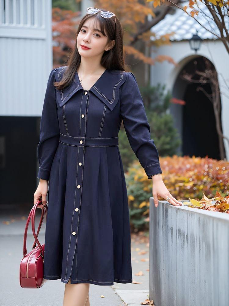 Plus Size Long-Sleeve Sailor Collar Contrast Stitched Button-Up Midi A-Line Dress Product Image