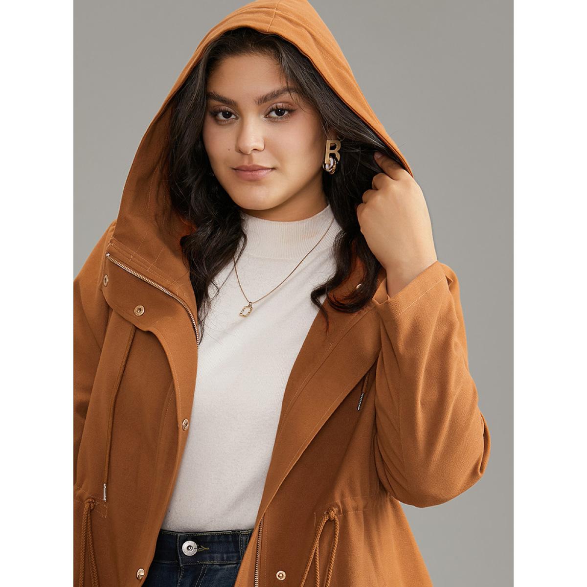 Plus Size Plain Drawstring Button Through Zipper Coat Women Yellow Casual Lined Ladies Dailywear Winter Coats BloomChic 30/6X Product Image