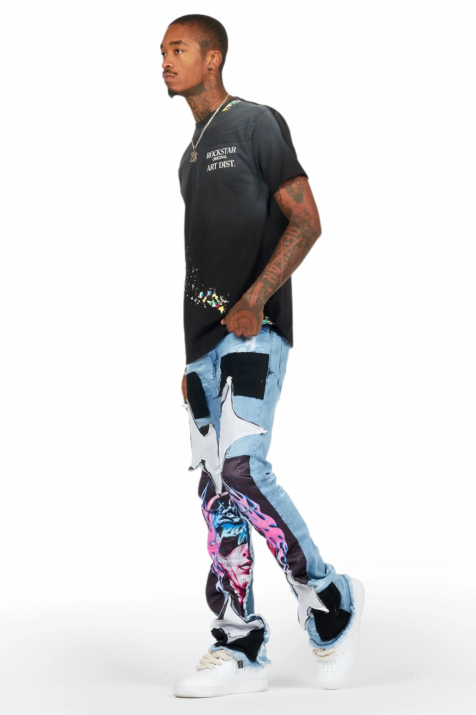 Helios Blue Patchwork Stacked Flare Jean Male Product Image