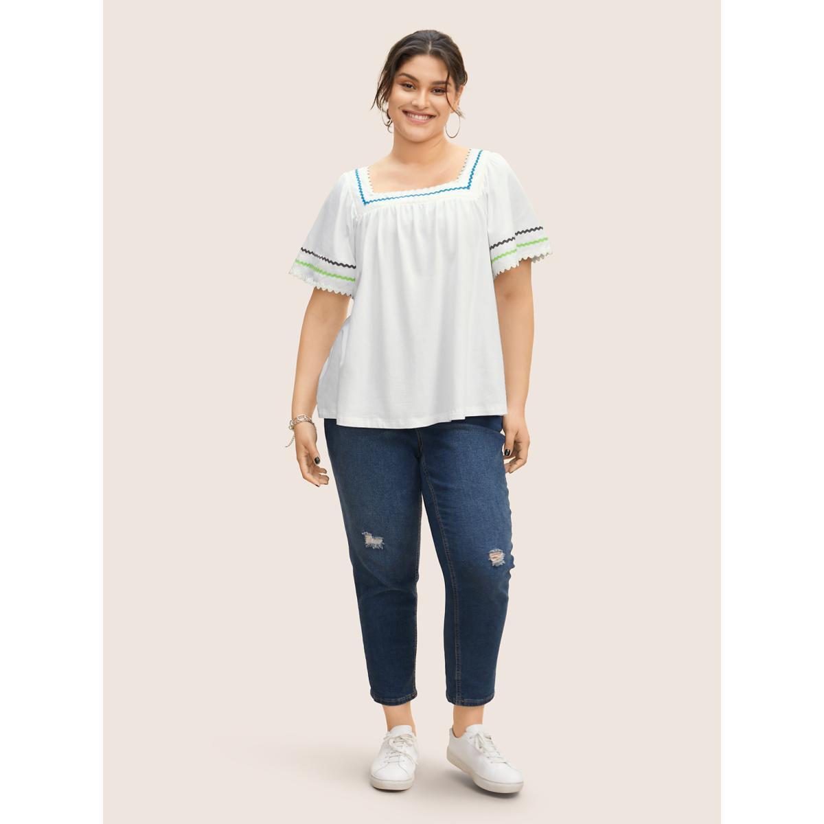 Plus Size Cotton Woven Ribbon Contrast Ruffle Sleeve T-shirt Originalwhite Women Casual Woven ribbon&lace trim Square Neck Everyday T-shirts BloomChic 10/M Product Image