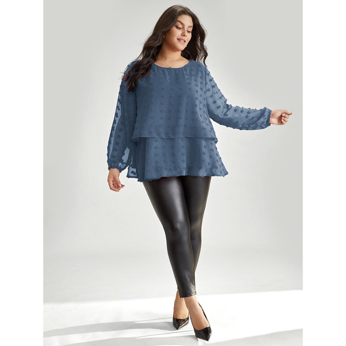 Plus Size Stone Solid Textured Lantern Sleeve Tiered Hem Blouse Women Elegant Long Sleeve Round Neck Everyday Blouses BloomChic 28/5X Product Image