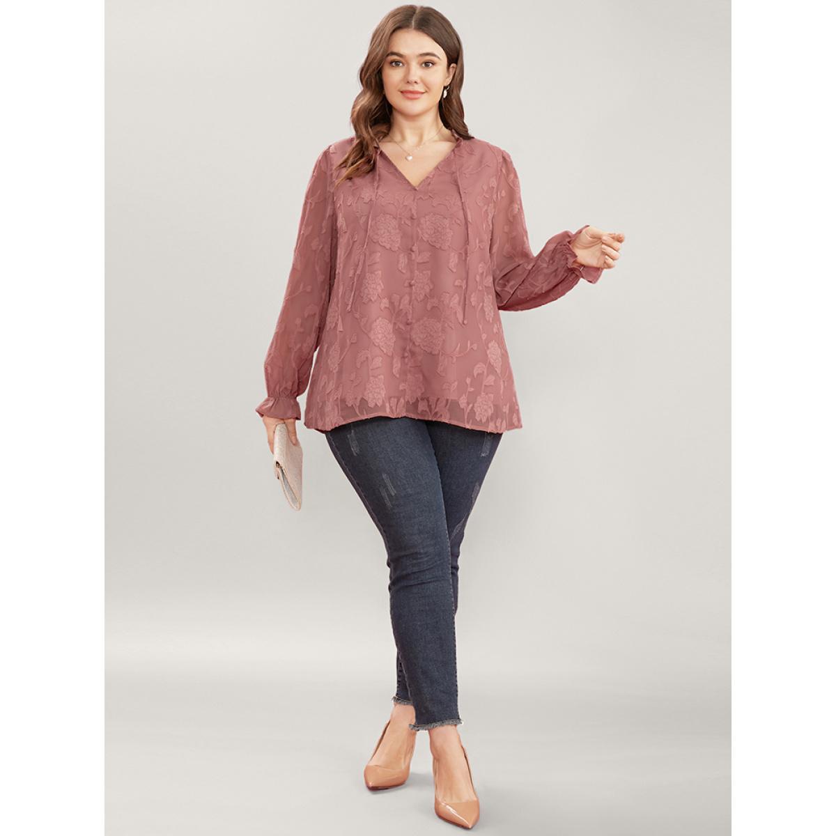 Plus Size DustyPink Floral Print Tie Neck Frill Trim Lantern Sleeve Blouse Women Glamour Long Sleeve V-neck Dailywear Blouses BloomChic 14-16/1X Product Image