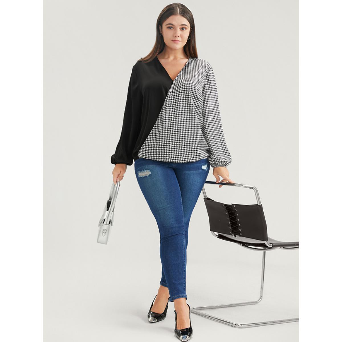 Plus Size Black Houndstooth Patchwork Lantern Sleeve Blouse Women Office Long Sleeve V-neck Work Blouses BloomChic 10/M Product Image