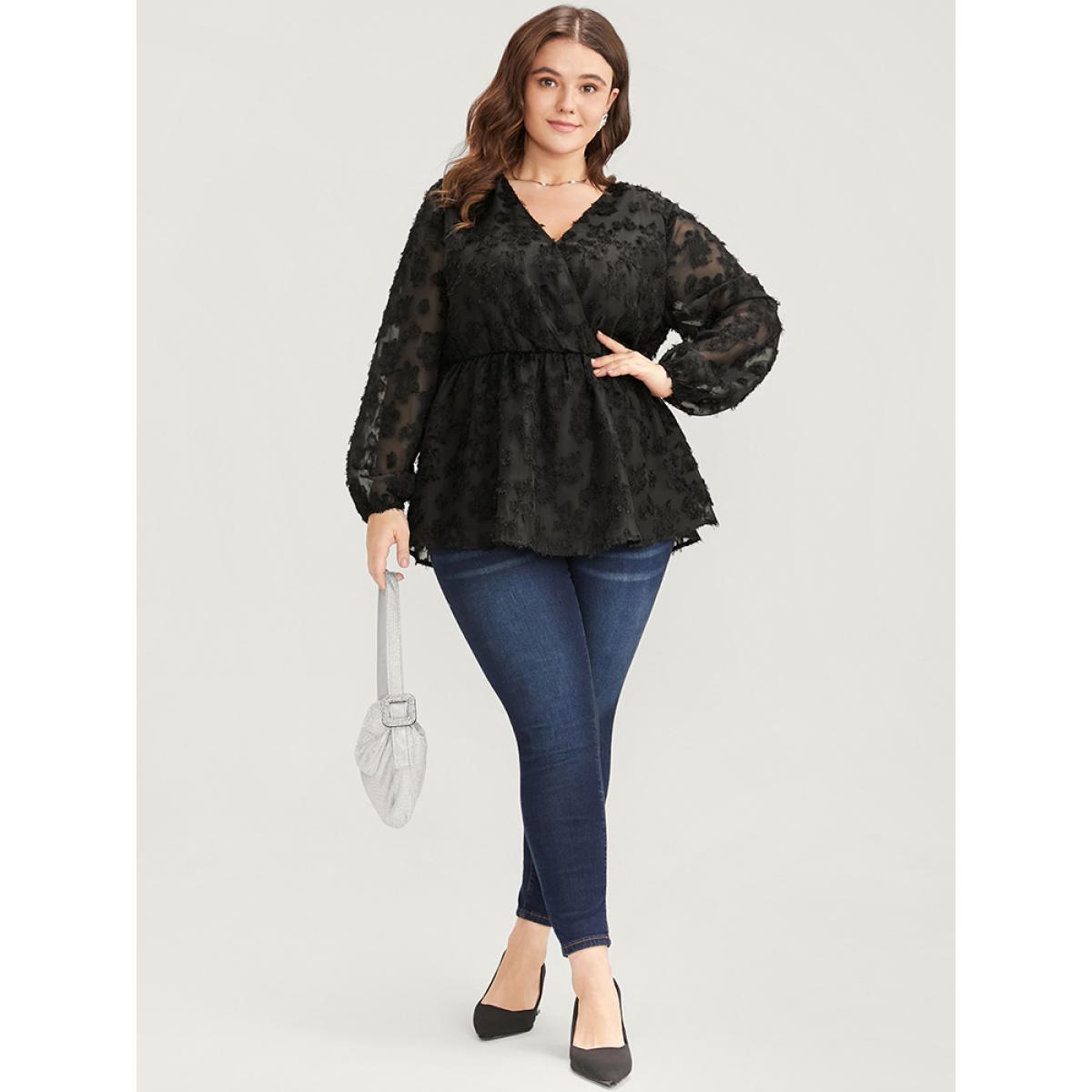 Plus Size Black Floral Mesh Lantern Sleeve Surplice Neck Fuzzy Blouse Women Glamour Long Sleeve V-neck Going out Blouses BloomChic 26/4X Product Image