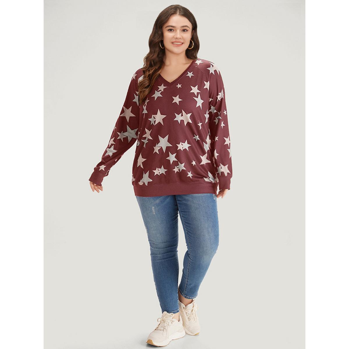 Plus Size Star Print V Neck Raglan Sleeve Sweatshirt Women Raspberry Elegant Elastic cuffs V-neck Dailywear Sweatshirts BloomChic 28/5X Product Image