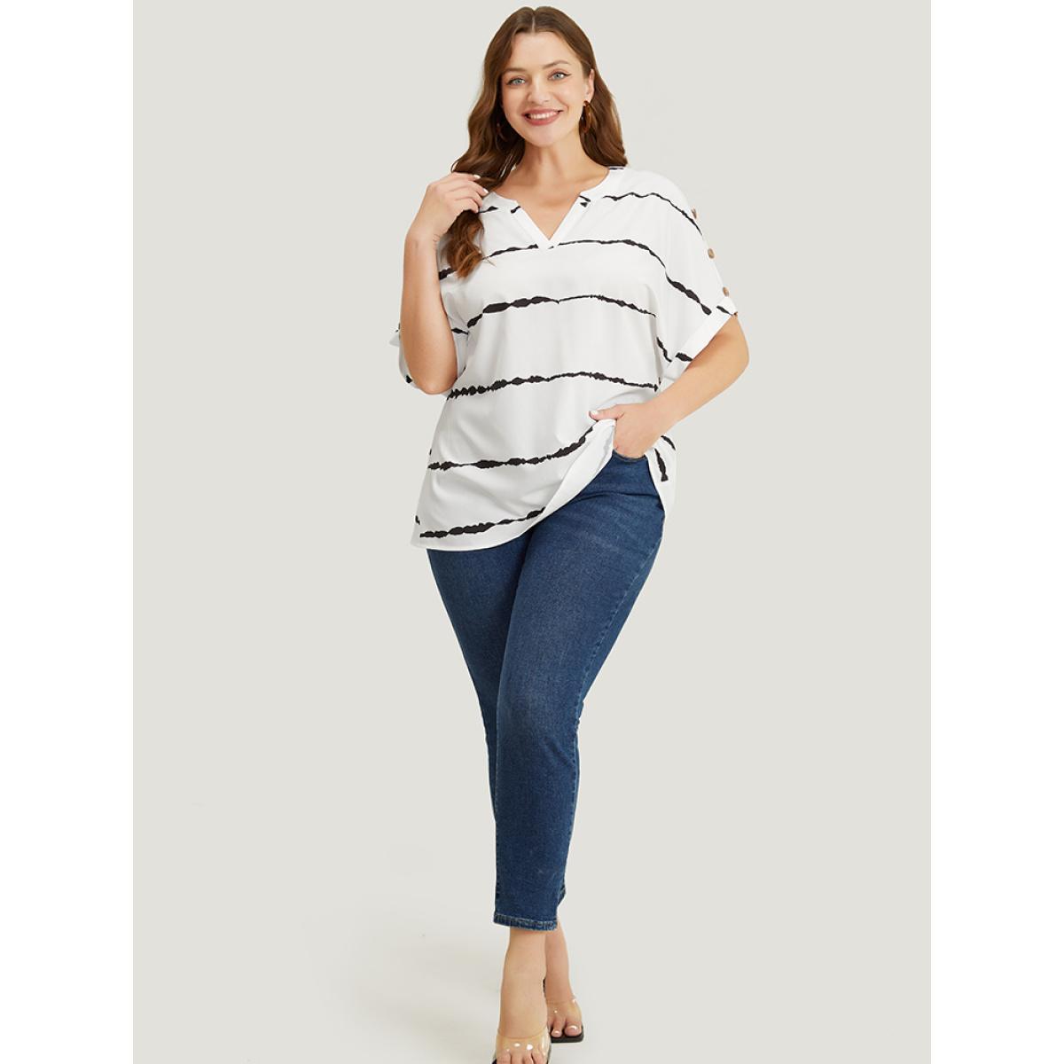 Plus Size White Tie Dye Notched Button Detail Roll Dolman Sleeve Striped Blouse Women Work From Home Short sleeve Notched collar Work Blouses BloomChic 22-24/3X Product Image