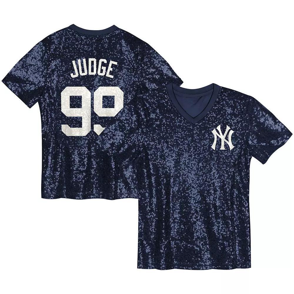 Juniors Aaron Judge Navy New York Yankees Name & Number Sequin V-Neck Top, Women's, Size: JR Large, Blue Product Image