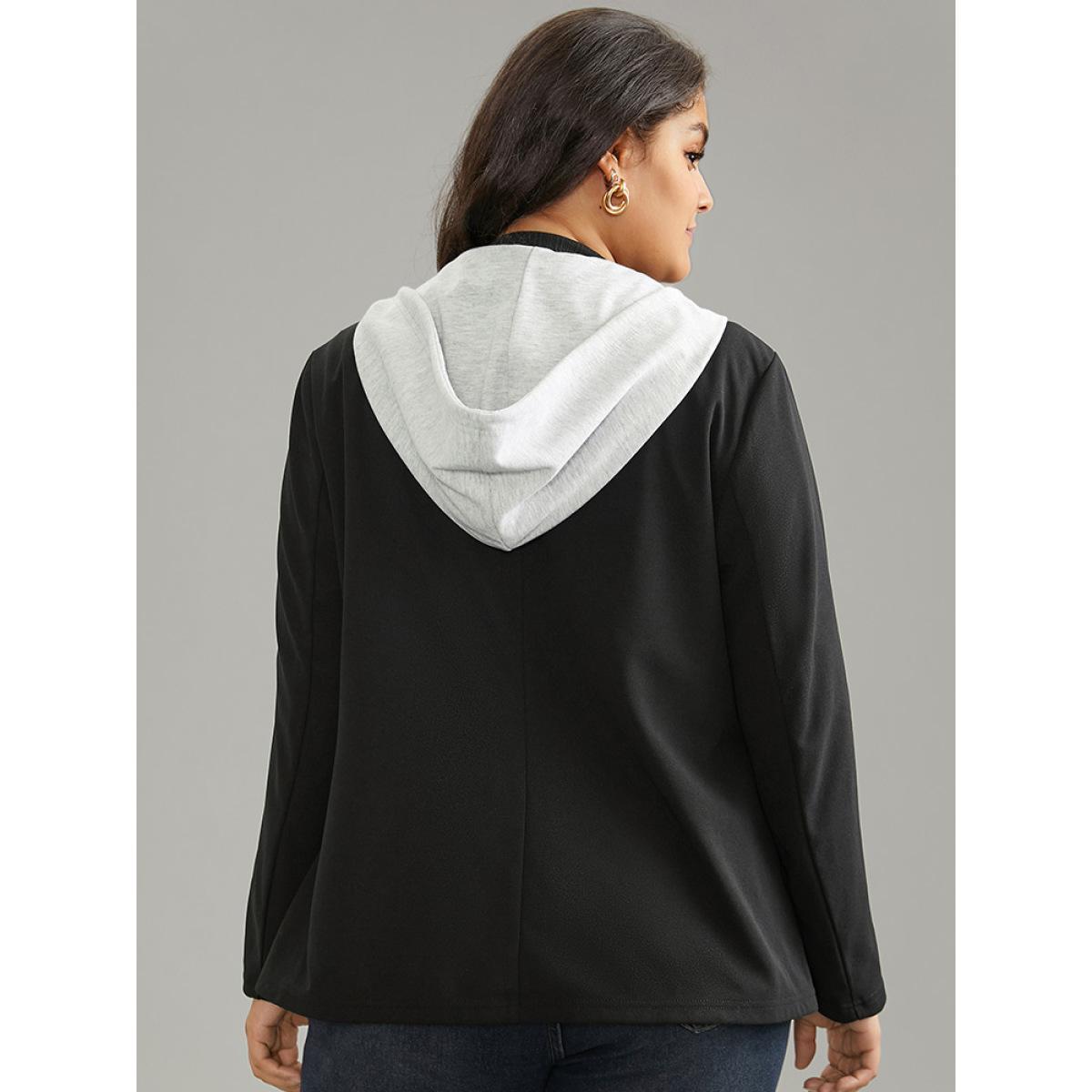 Plus Size Contrast Patchwork Zipper Button Up Hooded Blazer Black Women Dailywear Plain Lined Sleeve Long Sleeve Hooded 12/L Pocket Casual Blazers BloomChic Product Image