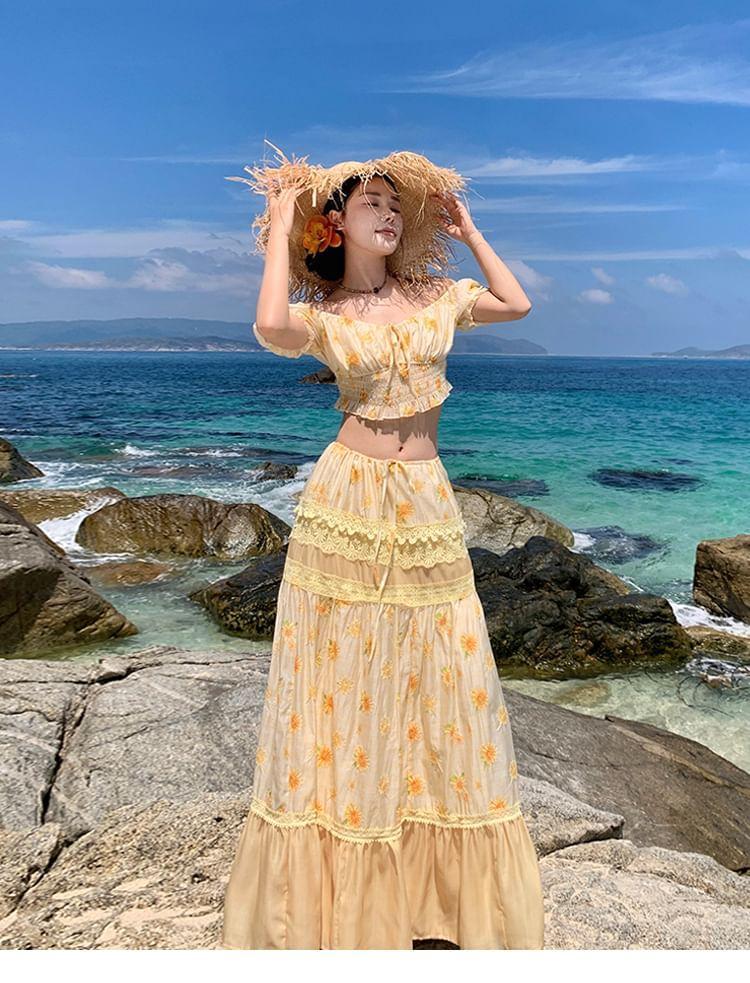 Set: Off-Shoulder Floral Print Shirred Crop Blouse + Low Rise Lace Trim Paneled Midi A-Line Skirt Product Image