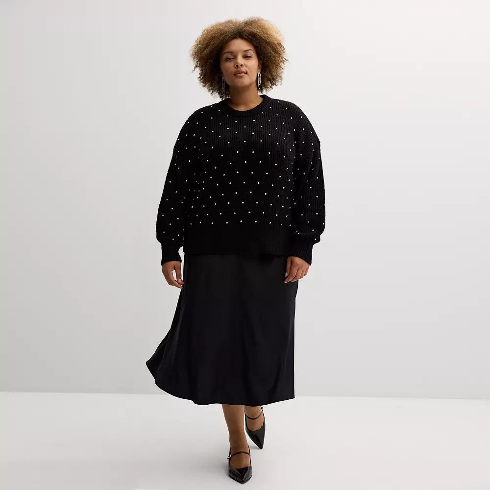 Plus Size Nine West Rhinstone Detailed Crewneck Sweater, Women's, Size: 3XL, Mineral Black Product Image
