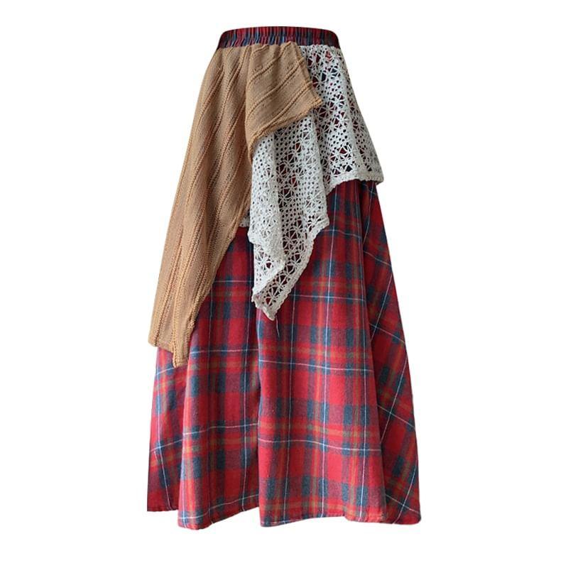 High Rise Plaid Patchwork Maxi A-Line Skirt Product Image