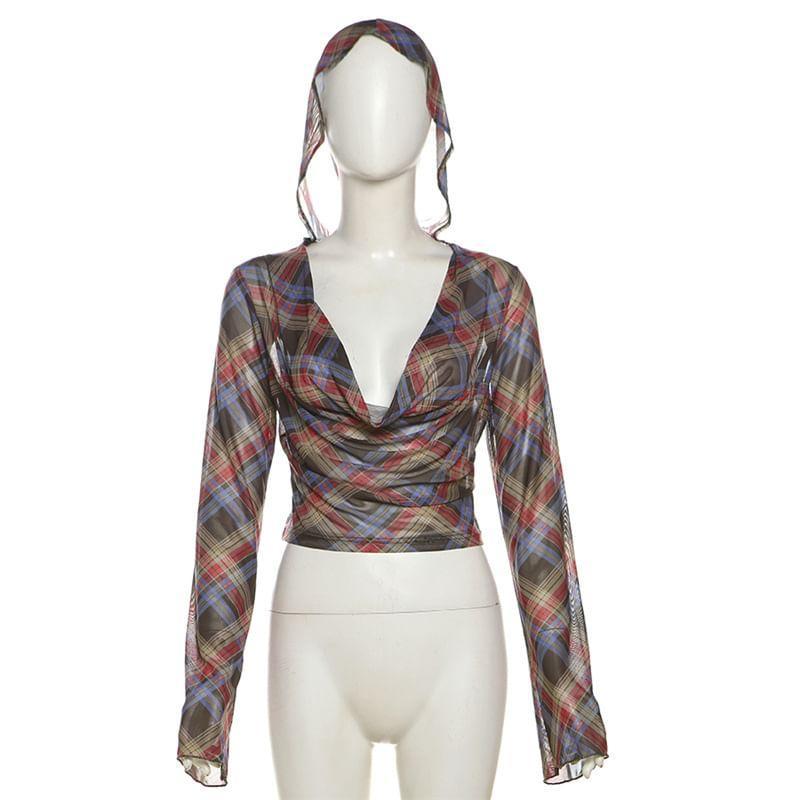 Flared-Sleeve Cowl Neck Plaid Cropped T-Shirt Product Image