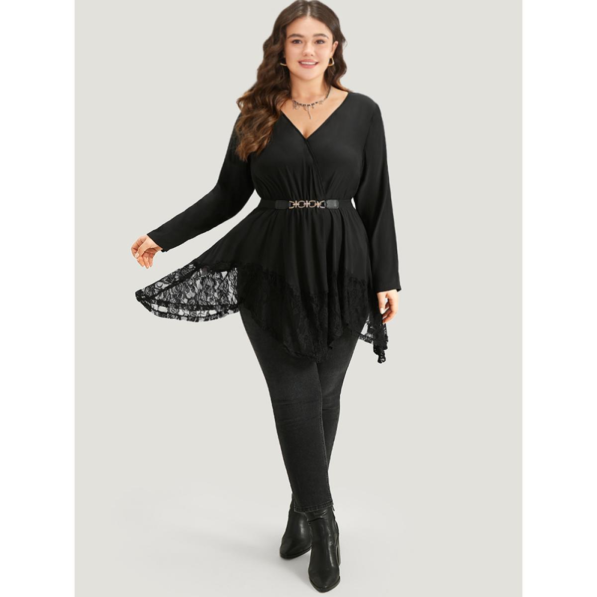 Plus Size Black Halloween Plain Lace Asymmetrical Hem Blouse Women Elegant Long Sleeve V-neck Dailywear Blouses BloomChic 26/4X Product Image