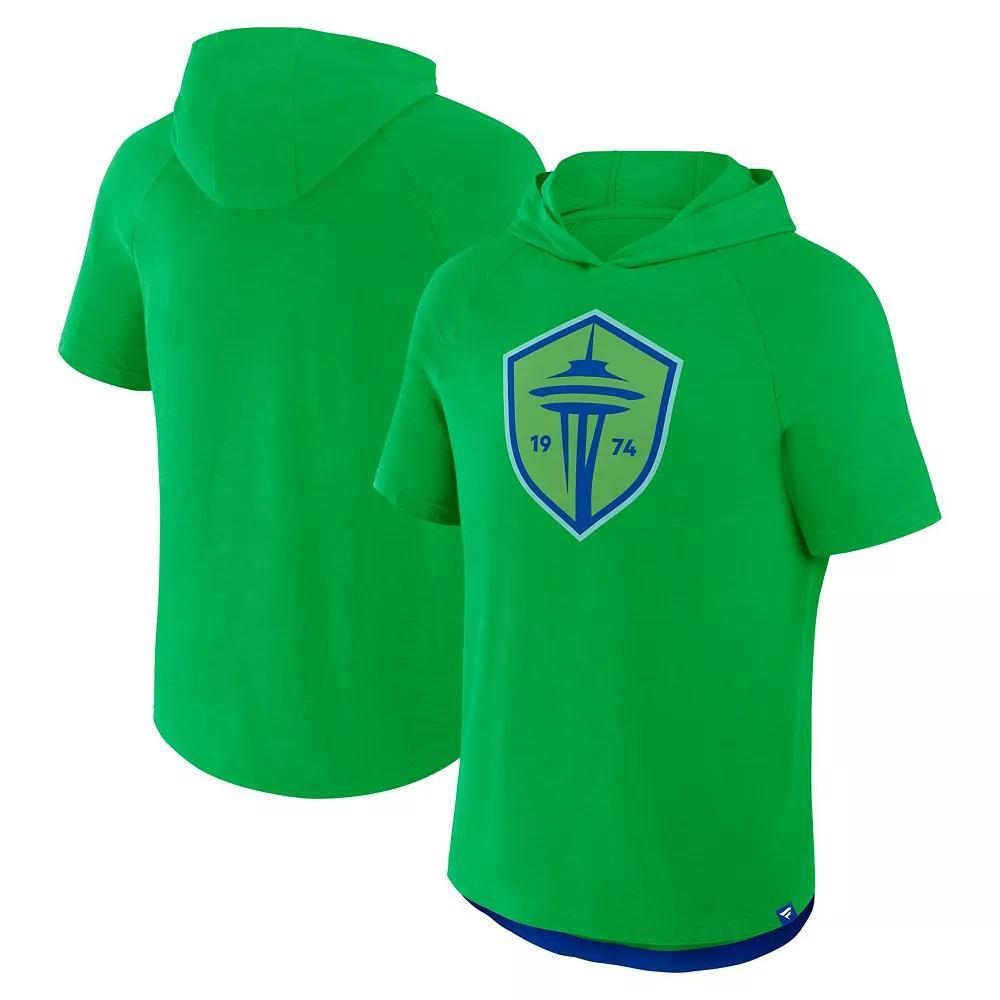 Men's Fanatics Rave Green Seattle Sounders FC Hat Trick Stadium Slub Raglan Short Sleeve Pullover Hoodie, Size: 3XL Product Image