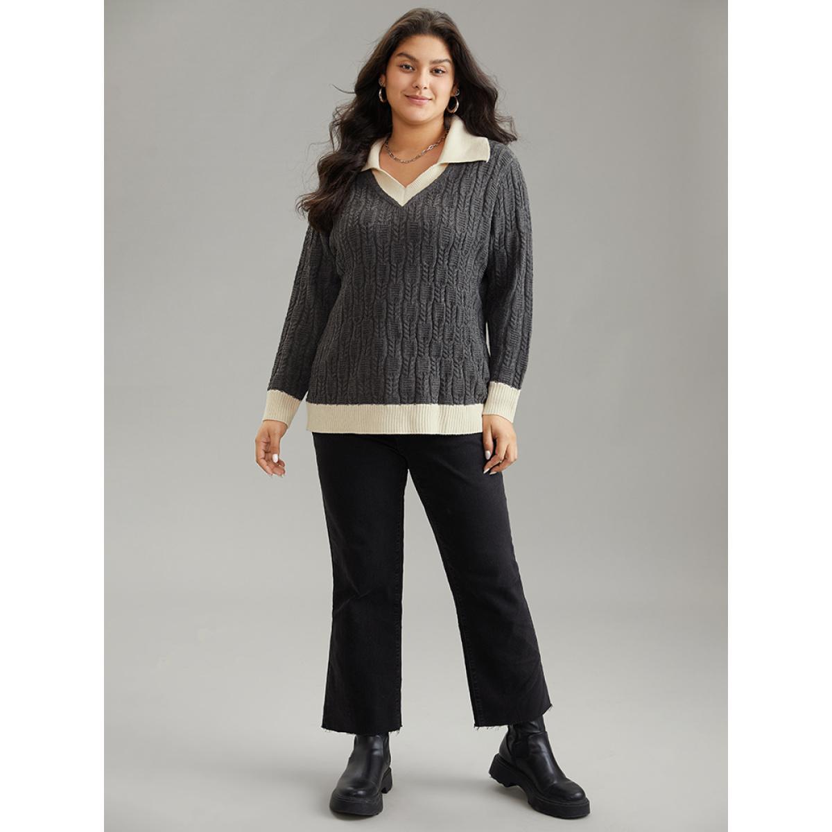 Plus Size 2-In-1 Cable Knit Lapel Collar Pullover DimGray Women Casual Loose Long Sleeve Lapel Collar Dailywear Pullovers BloomChic 30/6X Product Image