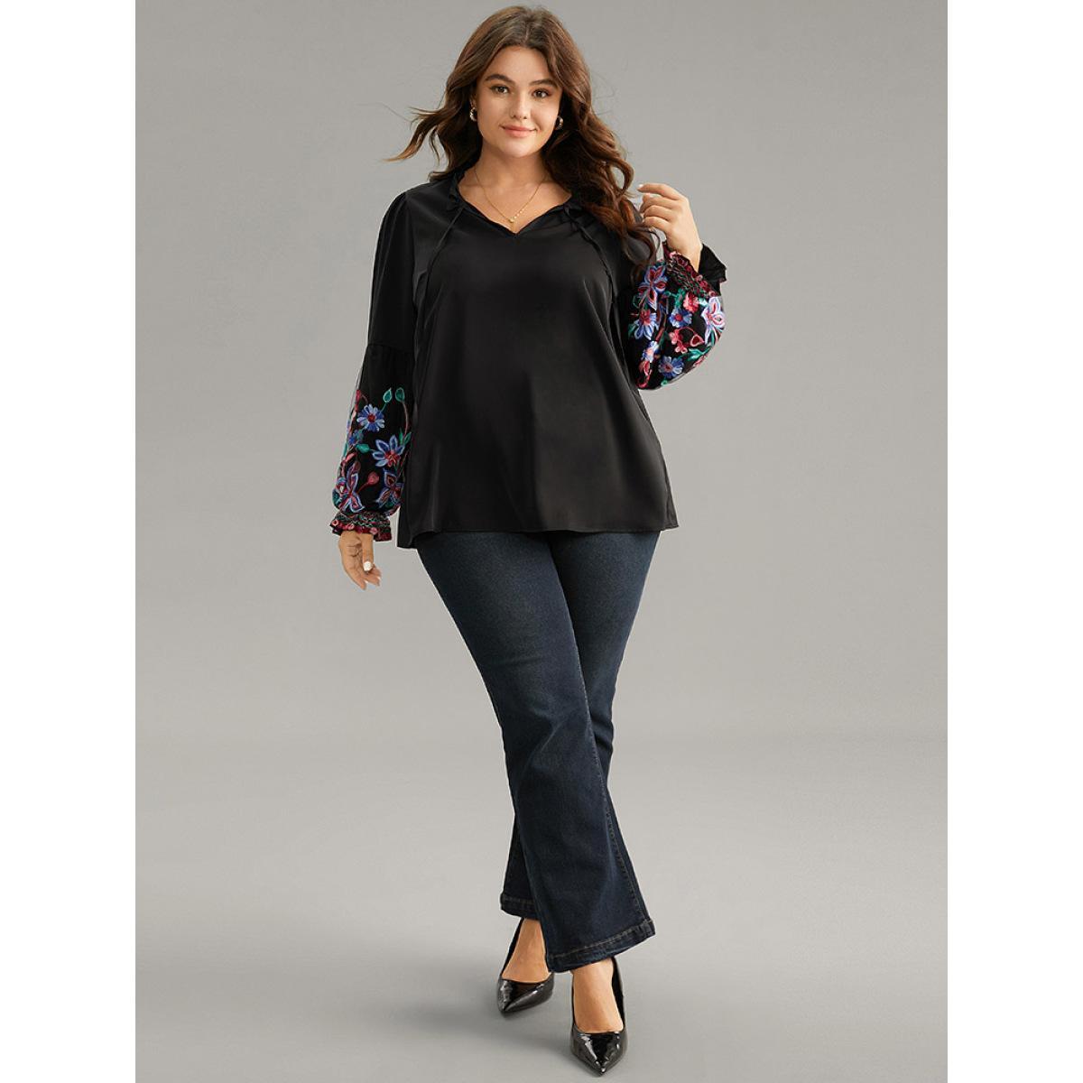 Plus Size Black Floral Embroidered Mesh Tie Neck Ruffles Blouse Women Elegant Long Sleeve Tie Neck Party Blouses BloomChic 14-16/1X Product Image