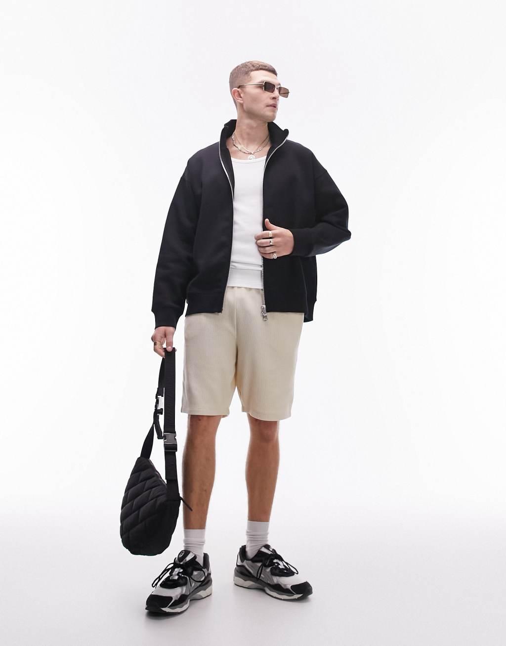 Topman premium heavyweight funnel neck full zip sweat in black Product Image