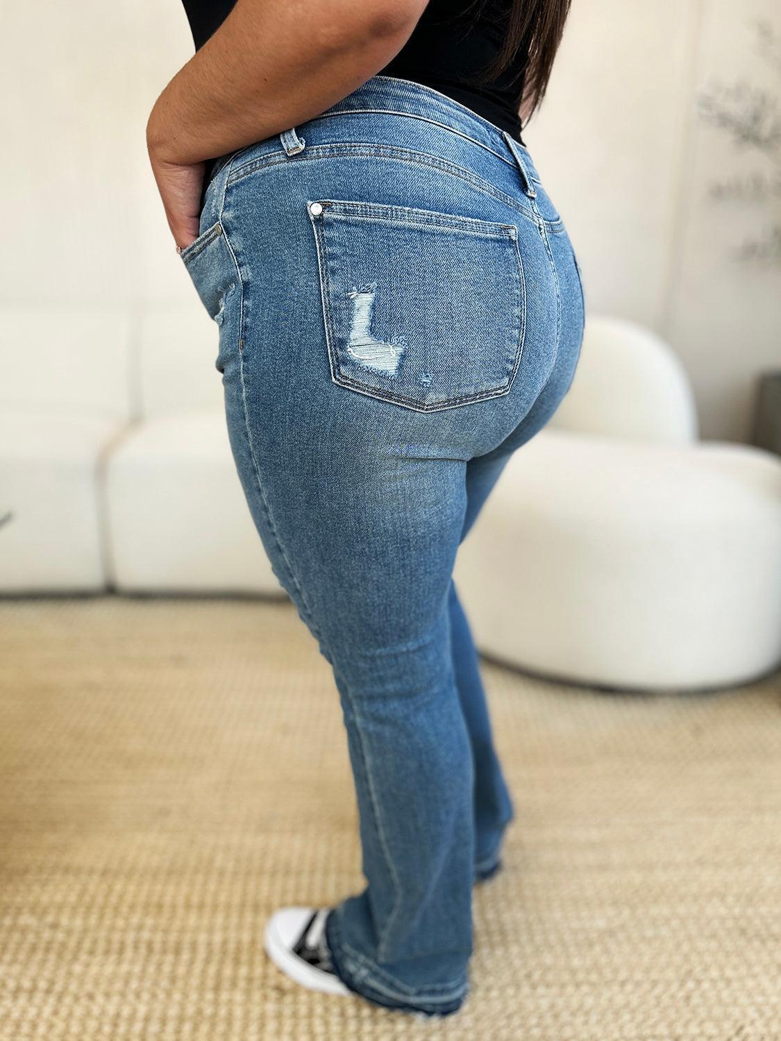 Judy Blue Full Size Mid Rise Destroyed Hem Distressed Jeans Product Image