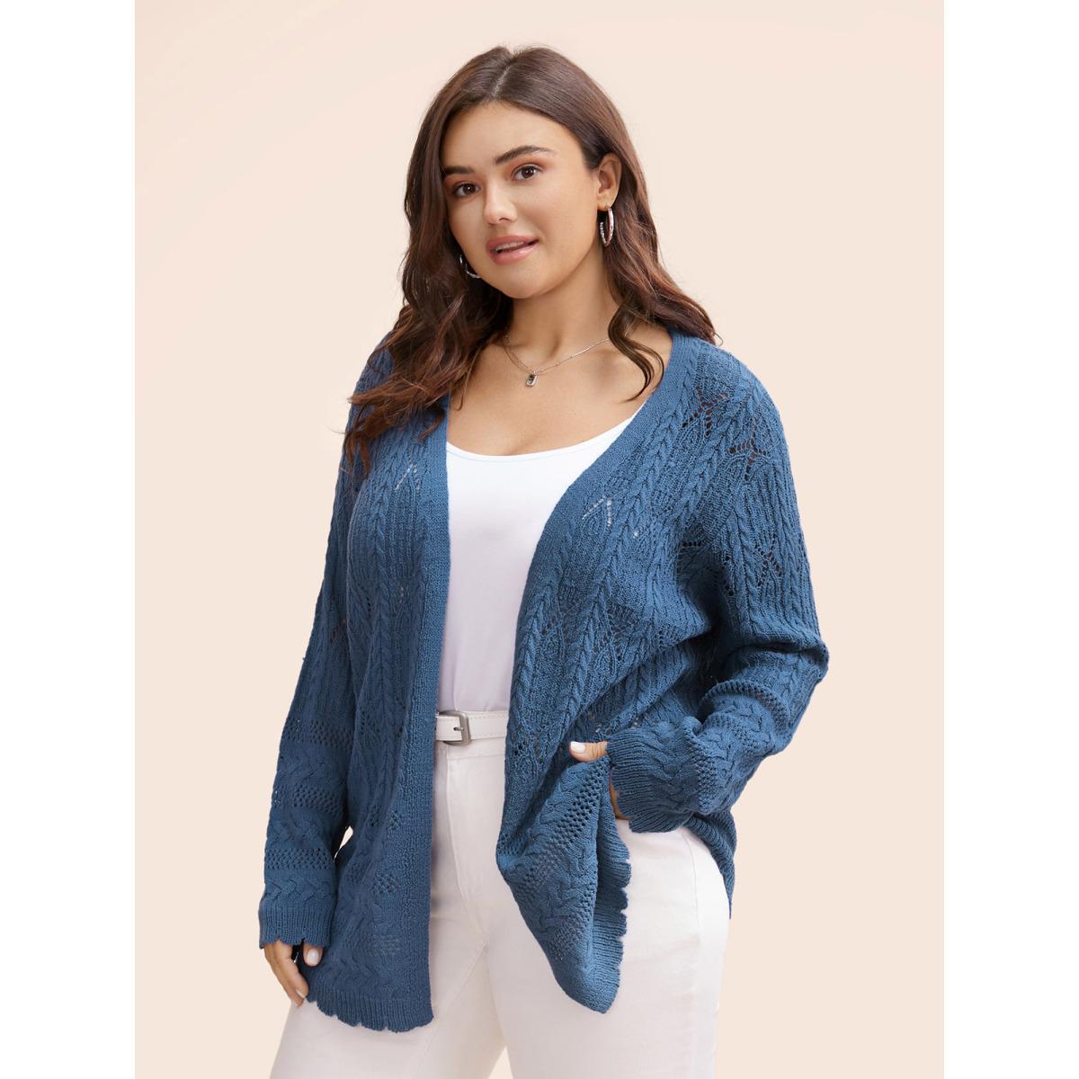 Plus Size Solid Scalloped Trim Cable Knit Cardigan Aegean Women Casual Loose Long Sleeve Everyday Cardigans BloomChic 30/6X Product Image