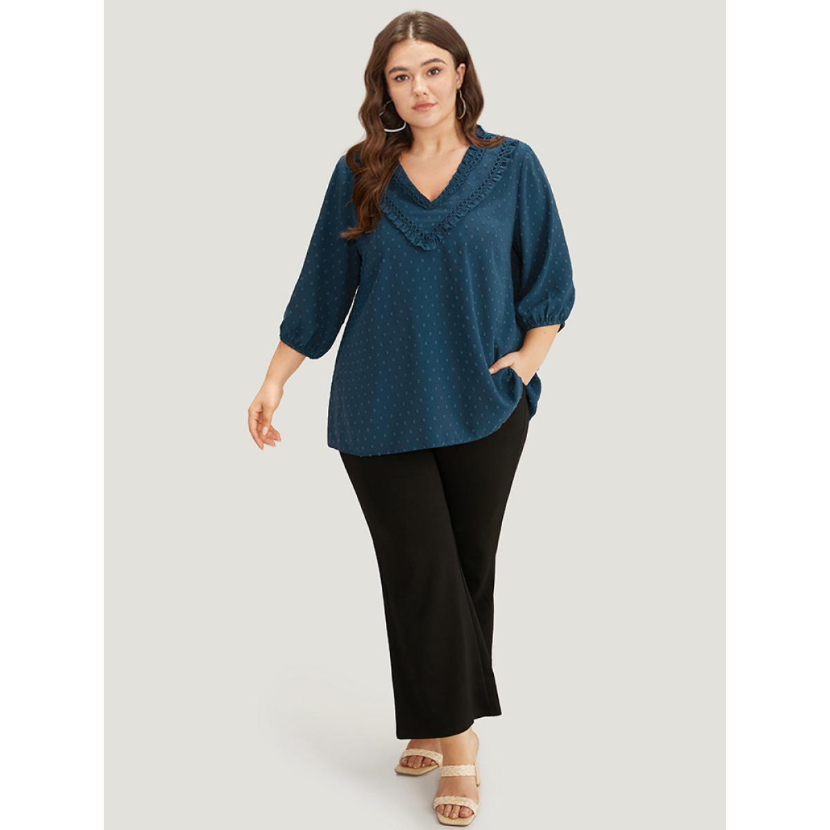 Plus Size Indigo Polka Dot Frill Trim Lantern Sleeve Blouse Women Elegant Elbow-length sleeve V-neck Dailywear Blouses BloomChic 30/6X Product Image