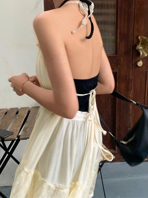 Lace Patchwork Halter Mini Dress Product Image