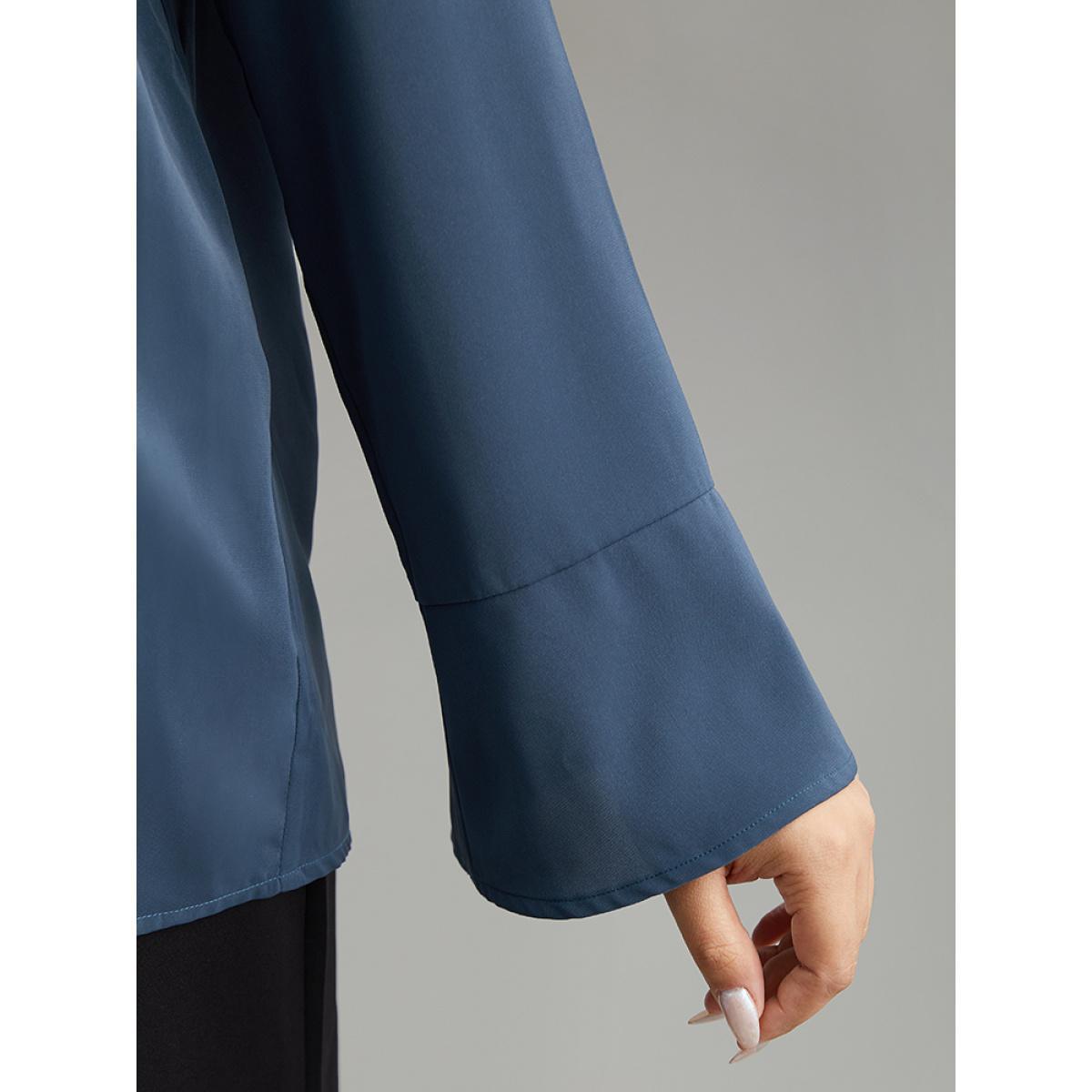 Plus Size Indigo Two Tone Keyhole Bell Sleeve Blouse Women Office Long Sleeve Keyhole Cut-Out Work Blouses BloomChic 28/5X Product Image
