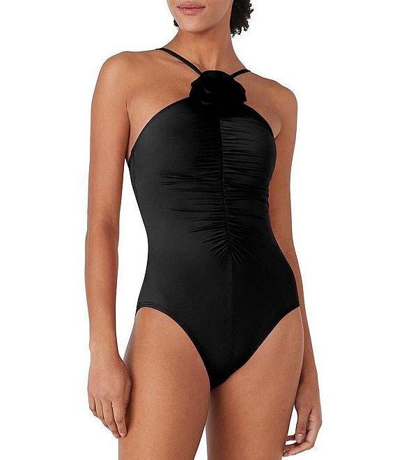 kate spade new york Solid High Neck Ruched Rosette One Piece Swimsuit Product Image