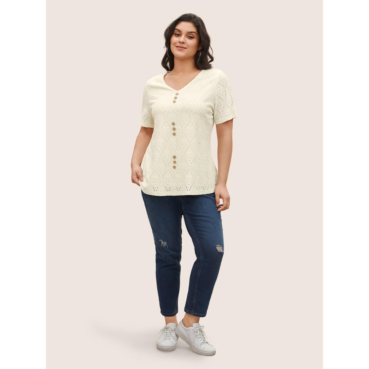 Plus Size Solid Plisse V Neck Button Detail T-shirt White Women Casual Texture Plain V-neck Everyday T-shirts BloomChic 22-24/3X Product Image