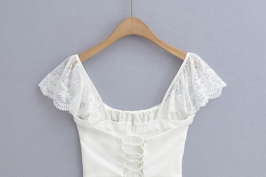 Cap Sleeve Square Neck Plain Ruched Panel Lace Mini A-Line Dress Product Image