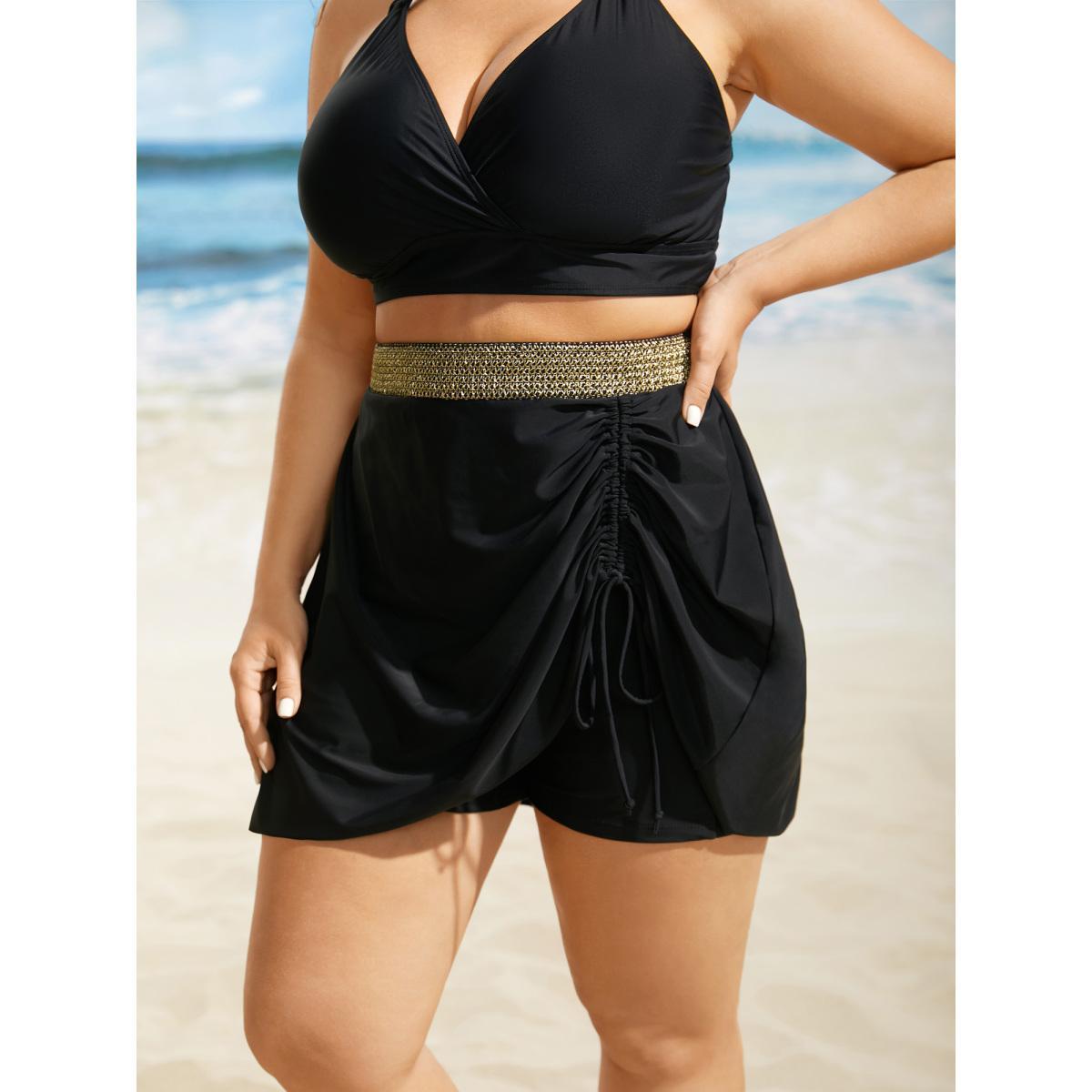 Plus Size Contrast Webbing Patchwork Drawstring Gathered Swim Bottom Women's Swimwear Black Beach Woven ribbon&lace trim High stretch Skinny High Rise Side seam pocket Curve Swim Bottoms BloomChic 28/5X Product Image